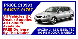  Mazda 3 TS2  Standard Specification Anti-lock Brake System ABS with Electronic Brake-force Distribution EBD Emergency brake Assist EBA Dynamic Stability Control DSC Traction Control System TCS Power Steering Engine Rev Sensing, Dual-stage front airbags driver and passenger Side Airbags Front Curtain Airbags front and rear,IOFIX child seat anchorage, Remote central door locking, Dead Locking-Immobiliser system, Thatcham Cat.1 alarm 205/55 R16 alloy wheels Climate Control, Audio-AM/FM modular radio, 4 speakers Steering wheel-mounted remote audio controls 6 CD Autochanger