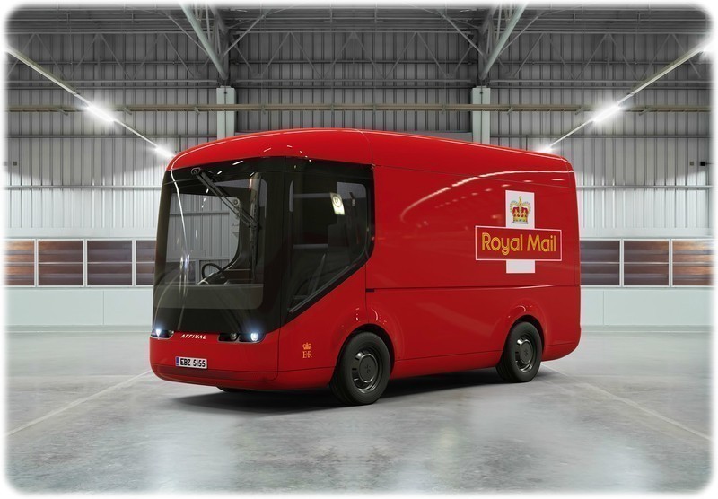 The new electric Royal Mail distribution van in a warehouse from a front angle.