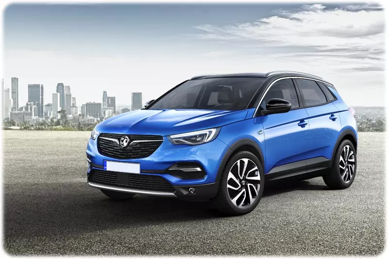 New 2018 Vauxhall Grandland X Ultimate front facing with a city in the background 