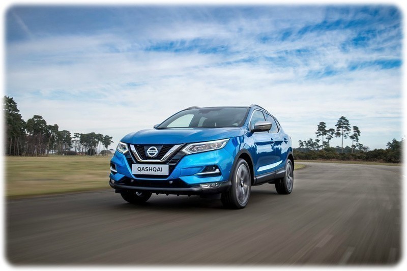 New 2017 Nissan Qashqai driving on the road, front view