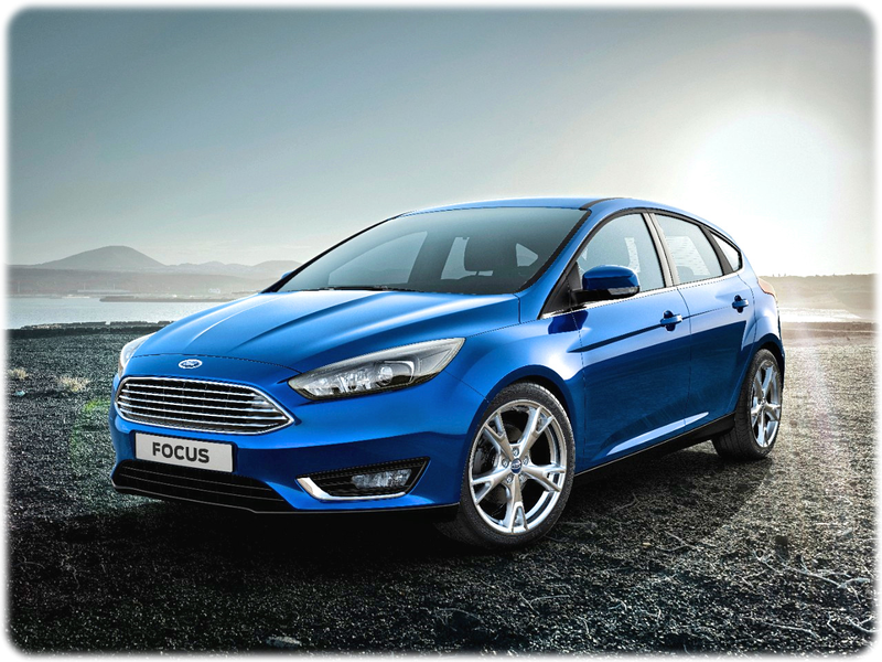 Top 5 New Cars February 2018, The Ford Focus at the side of a lake with a gravel shoreline, diagonal front view.