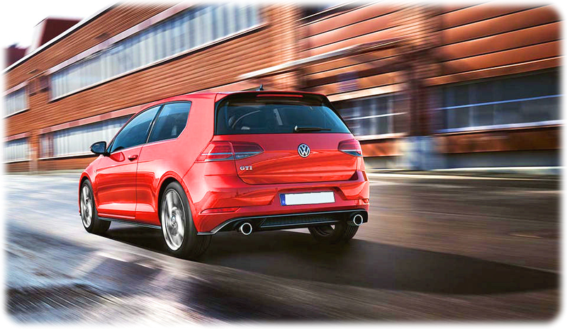 Top 5 New Cars February 2018, The Volkswagen Golf GTi driving down a city centre road, diagonal rear view