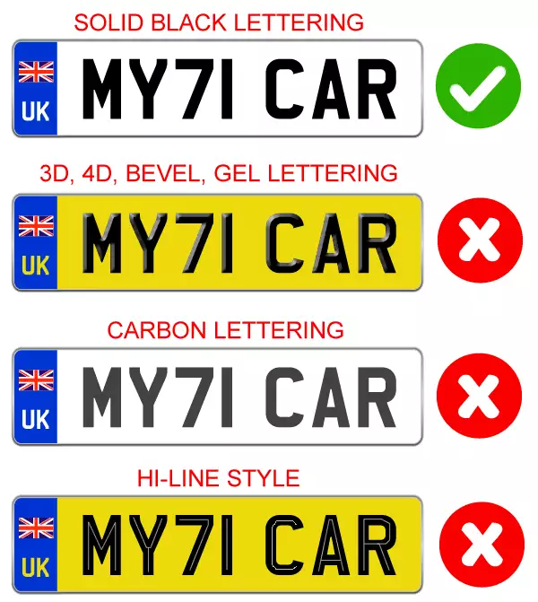 number plate comparison show legal and illegal lettering for 2021