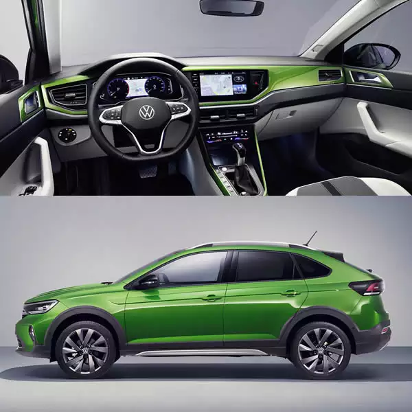 interior and exterior images of new VW Taigo with visual green design pack