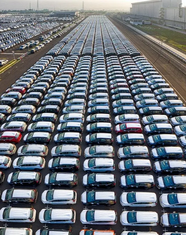 Image of thousands of New cars in a car park
