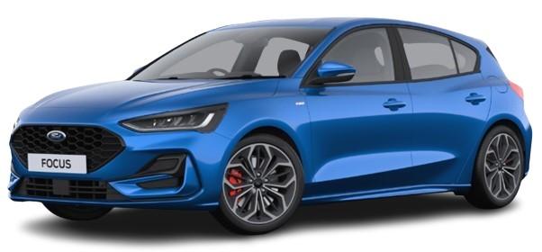New Ford Focus ST-Line X 2024 in Desert Island Blue- Side View (uk-car-discount.co.uk)